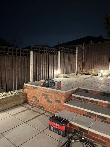 Garden patio with new outdoor lighting installed by PC Electrical